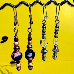 Earrings Pierced Handcrafted Unique Mottled Browns/Gold & Crystal/Green/Silver